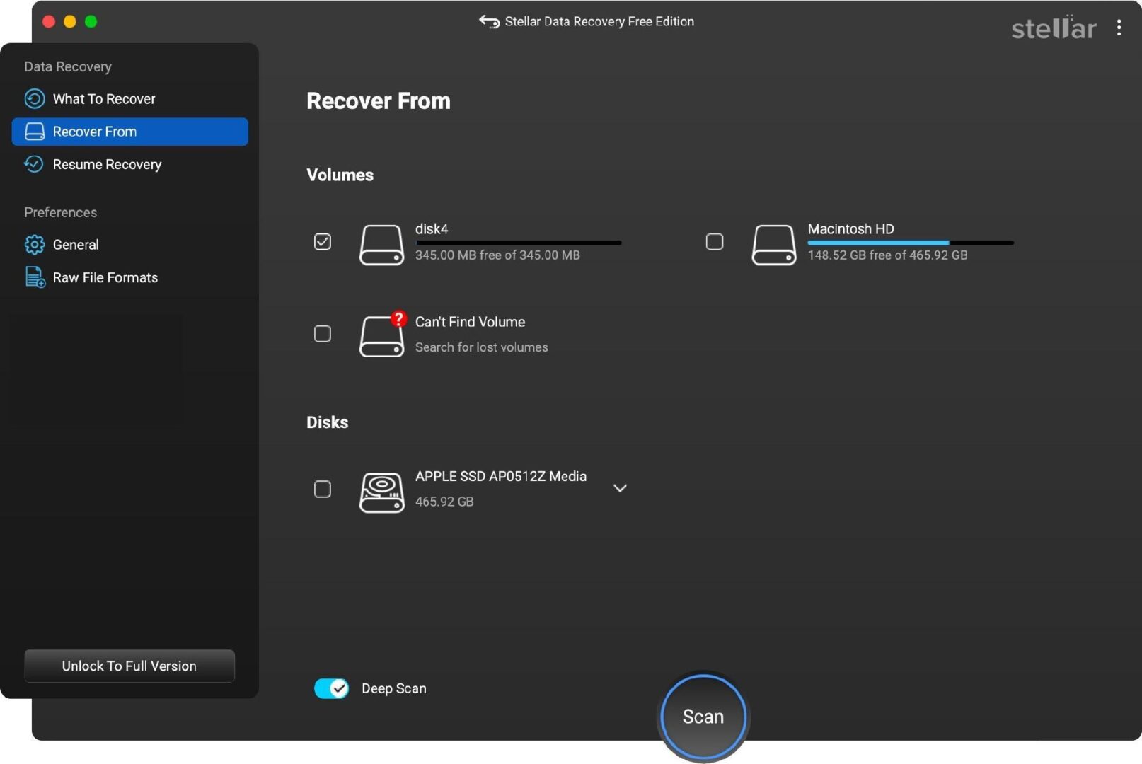 CD-free-mac-data-recovery-software-Insert1 Stellar Data Recovery Free Edition window showing Recover From volumes and a Scan button