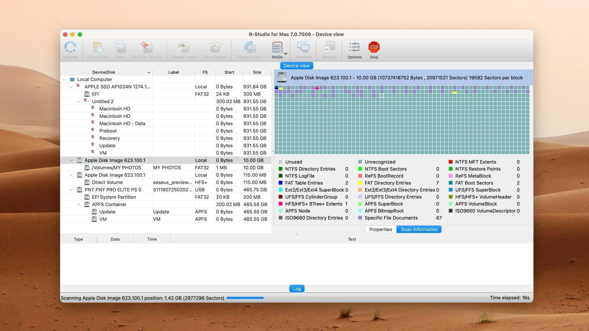 CD-free-mac-data-recovery-software-Insert2 R-Studio for Mac device view with a colored disk-scan map in progress