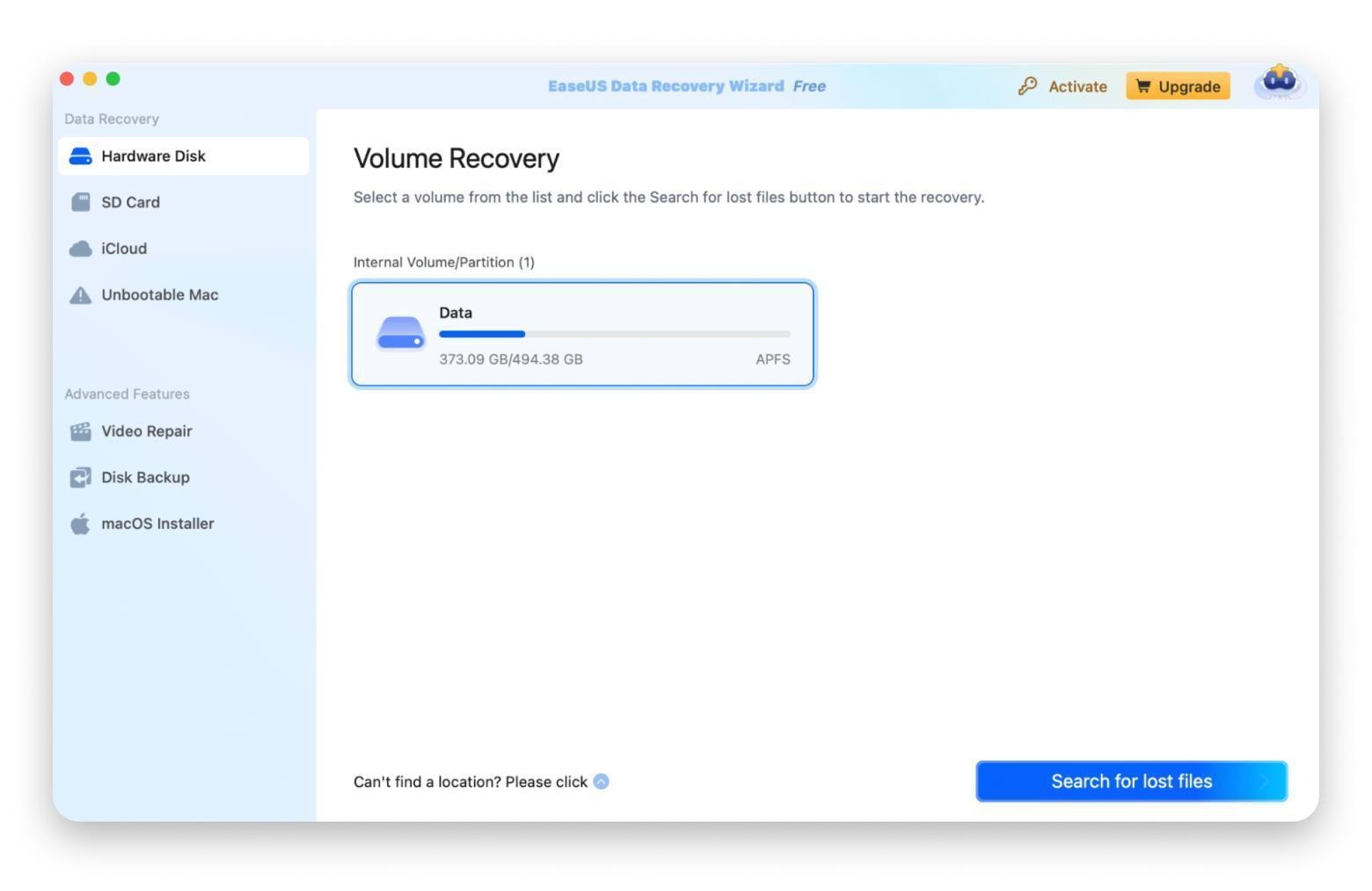 CD-free-mac-data-recovery-software-Insert3 EaseUS Data Recovery Wizard Free volume recovery screen with Search for lost files