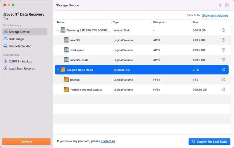 CD-free-mac-data-recovery-software-Insert4 iBoysoft Data Recovery trial listing internal SSD and Seagate external volumes