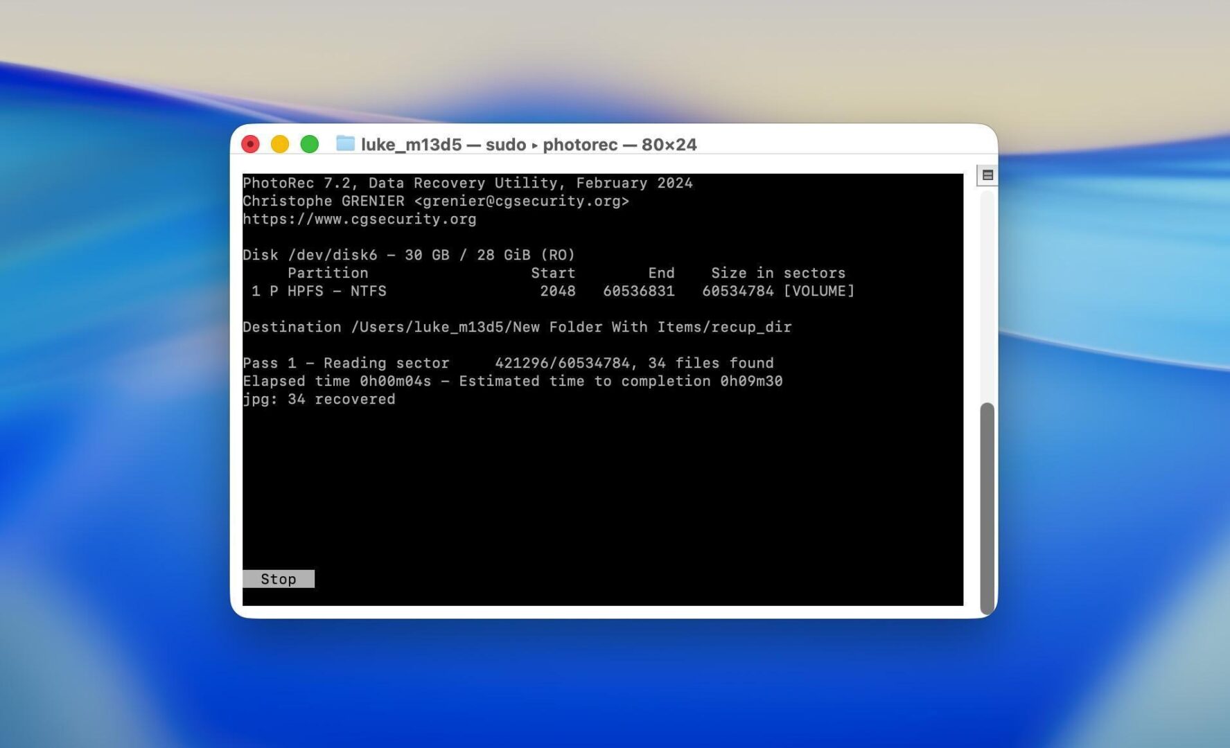 CD-free-mac-data-recovery-software-Insert5 PhotoRec 7.2 running in a macOS Terminal recovering JPEG files from a disk