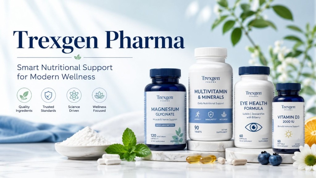 CD-trexgen-pharma-nutritional-supplements-Insert1 Trexgen Pharma supplement bottles including magnesium glycinate, multivitamin, eye health formula, and vitamin D3