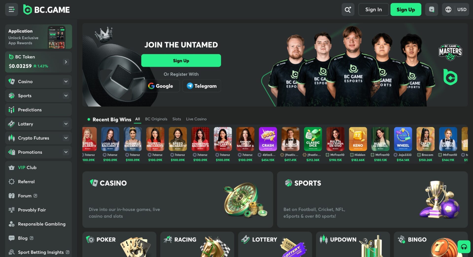 CD-Insert1 BC.Game website homepage showing four esports players in branded jerseys and a dark-themed gaming interface with casino and sports sections
