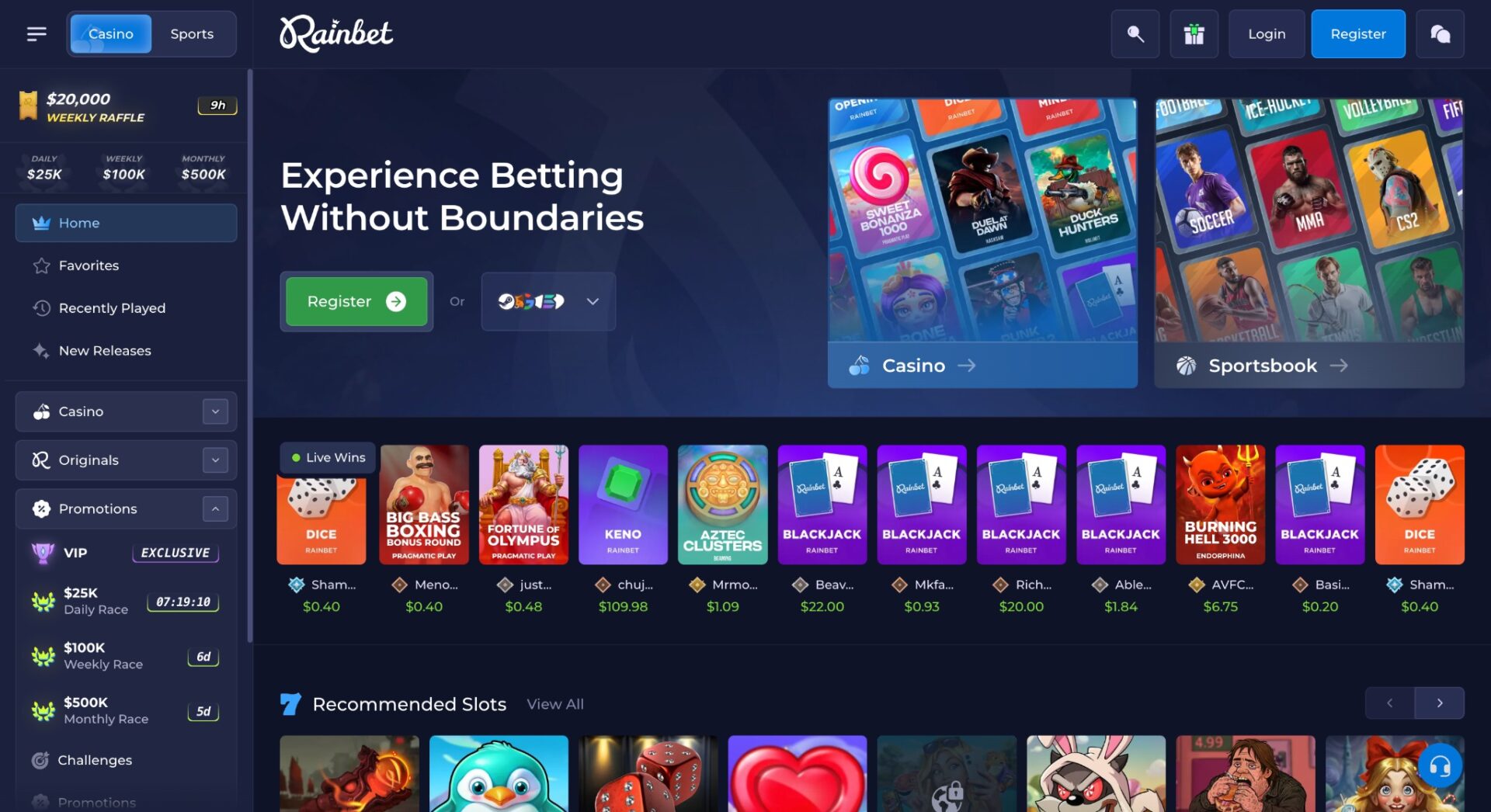 CD-Insert4 Rainbet website homepage with colorful game tiles, live wins feed, and a dark blue interface showing casino and sportsbook navigation