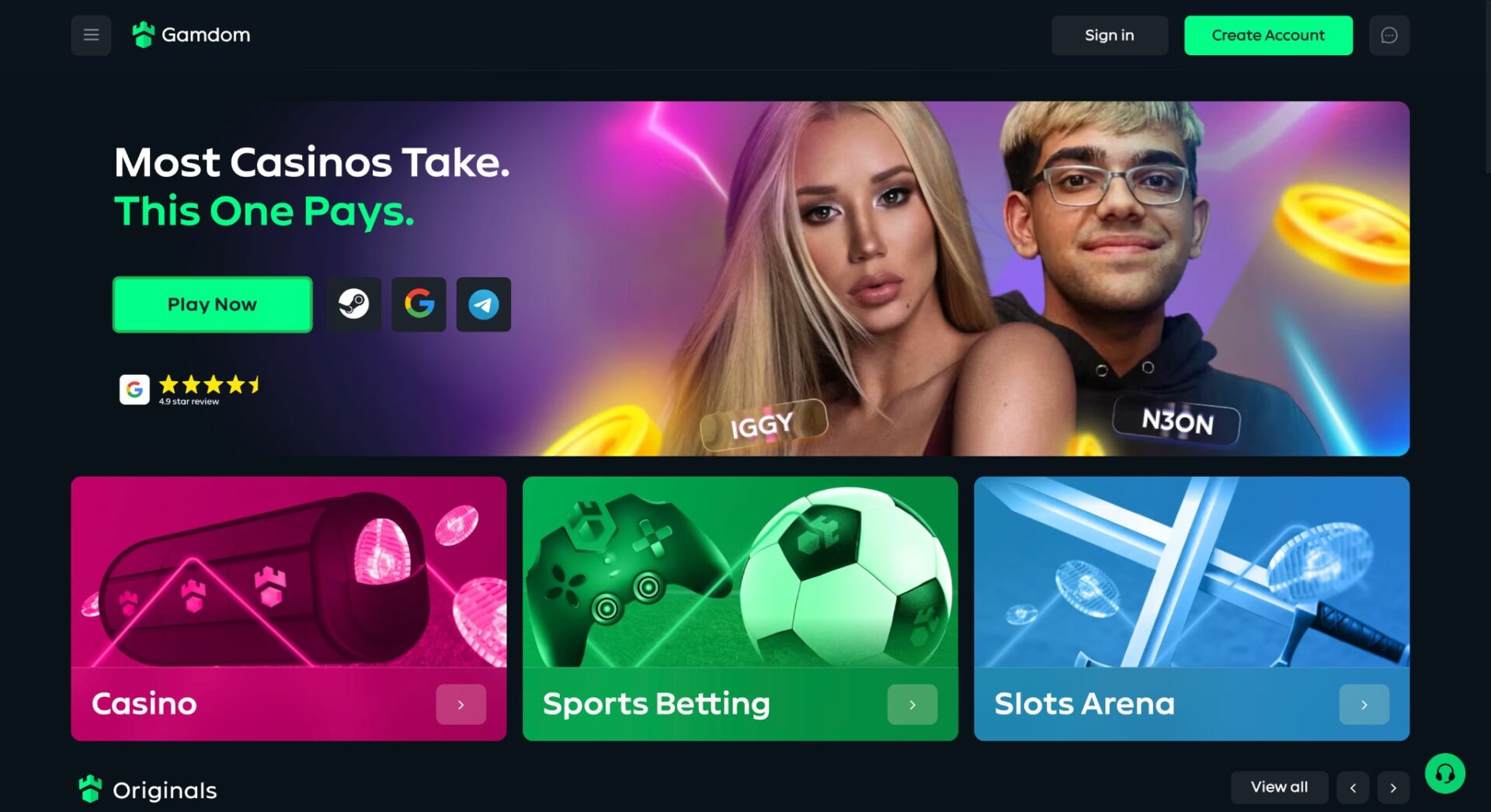 CD-Insert5 Gamdom website homepage featuring two young influencers labeled Iggy and N3on with casino, sports betting, and slots category banners below