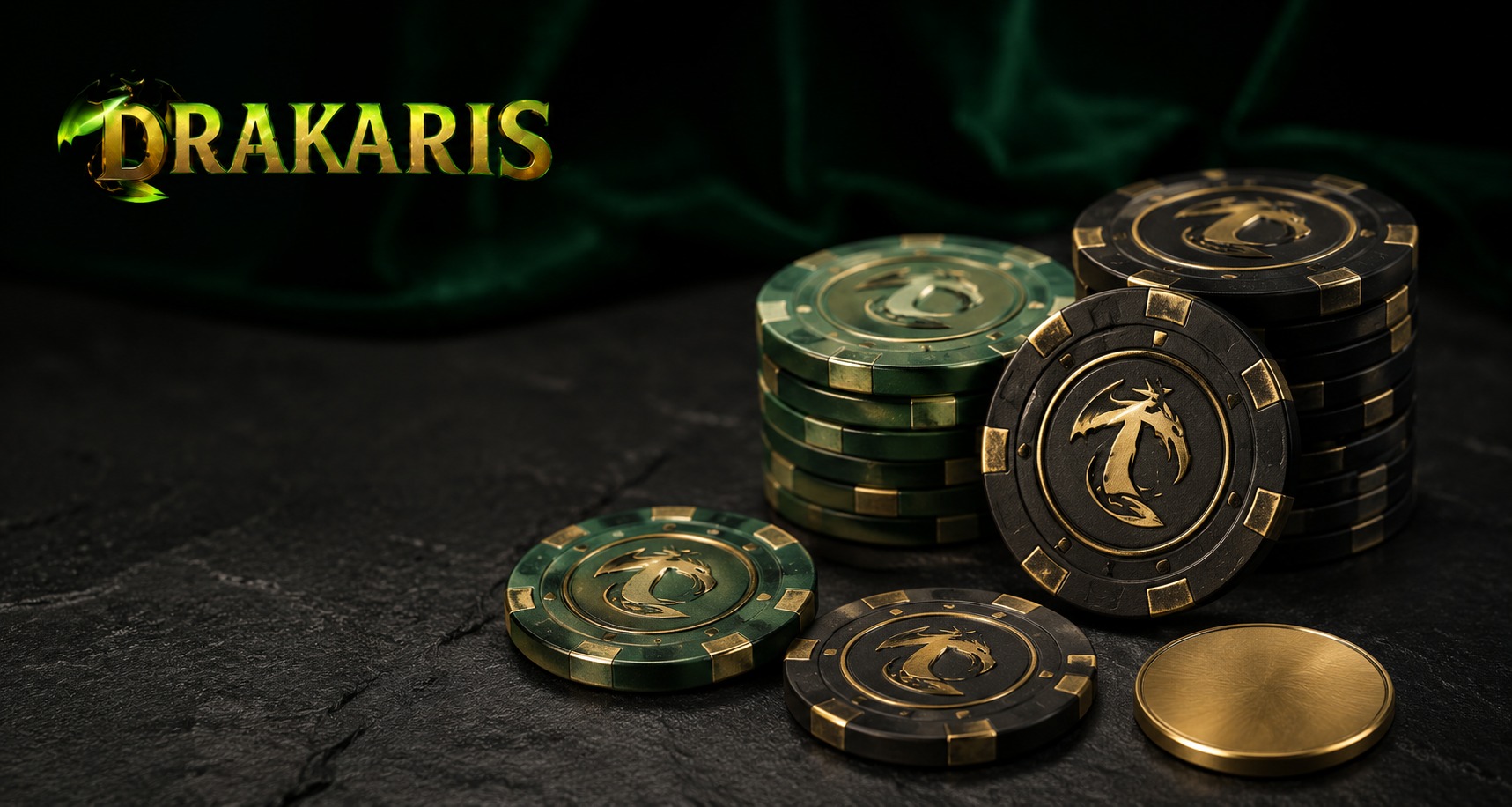 CD-Insert1 Stacks of green and black poker chips with a dragon emblem on a dark stone surface
