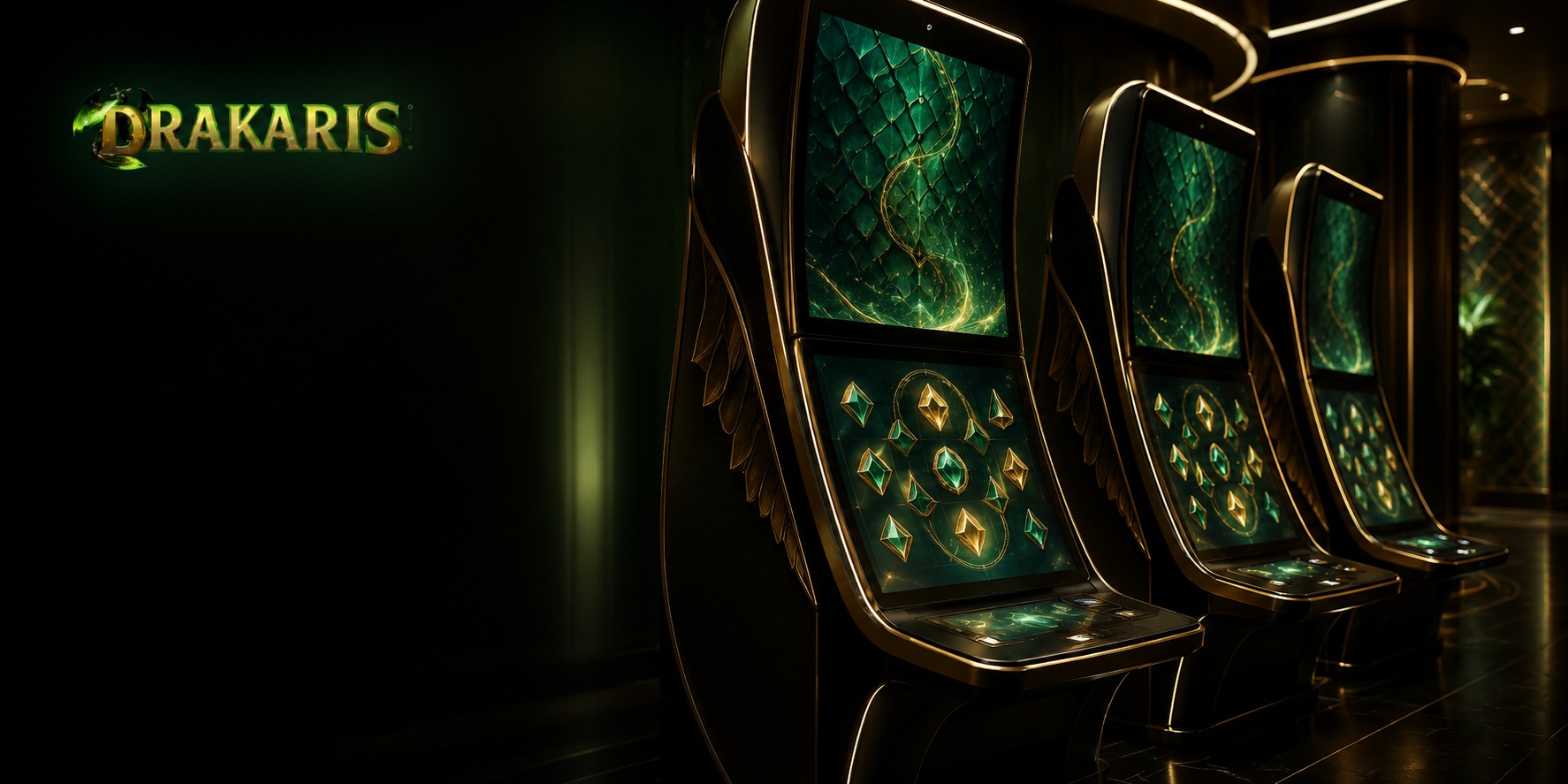 CD-Insert1 Three dark gold-framed slot machines with glowing green screens in a dimly lit room