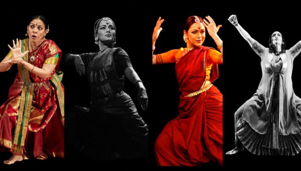Photos of four dancers in South Asian garb