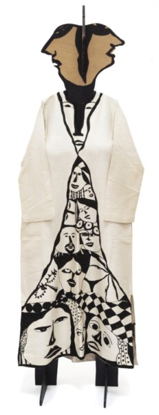 Huguette Caland (1931-2019), Foule (Dress #2), 1970, thread on fabric, wood, acrylic paint, shown with Mannequin #2, 1985, wood, acrylic paint; Hammer Museum, Los Angeles, purchased through the Board of Advisors Acquisition Fund, © and courtesy of Huguette Caland Estate, photograph © and courtesy of Huguette Caland Estate.
