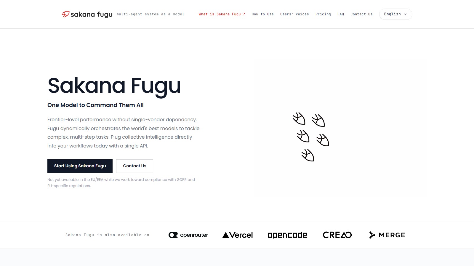 CD-Insert1 Sakana Fugu website homepage with headline text, two buttons, and partner logos including Vercel and OpenRouter