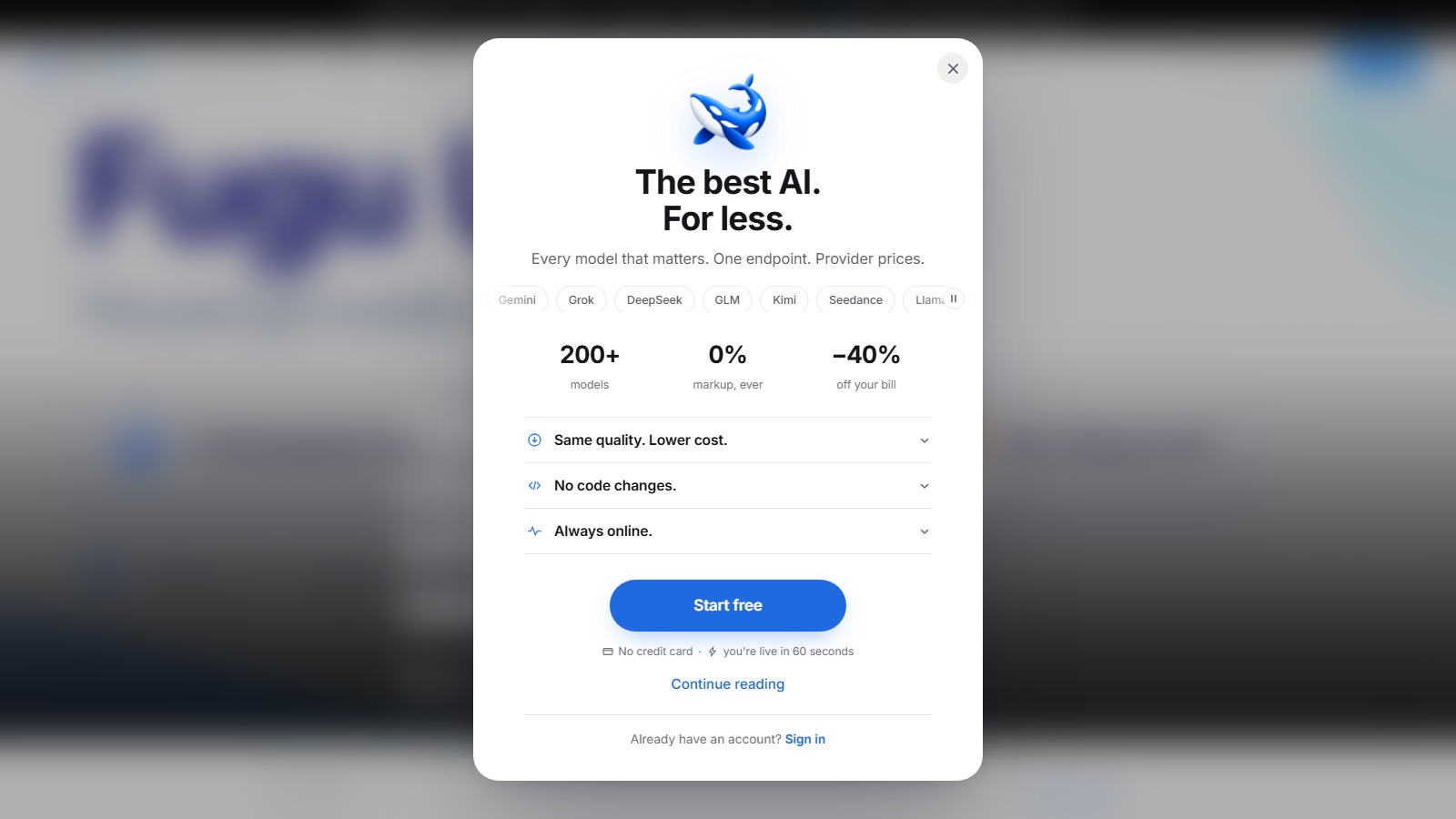 CD-Insert2 A popup modal showing a blue whale logo, pricing stats, and a Start Free button over a blurred background