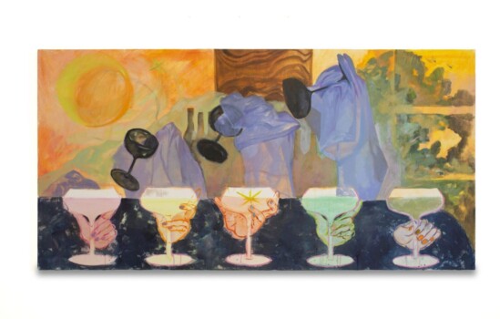 CD-Insert1 Painting of five colorful cocktail glasses held by hands along a dark table, with blue draped figures and a bright sun above
