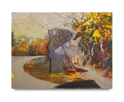 CD-Insert2 Painting of an autumn road curving past bare and leafy trees with warm orange and yellow foliage and a map overlay