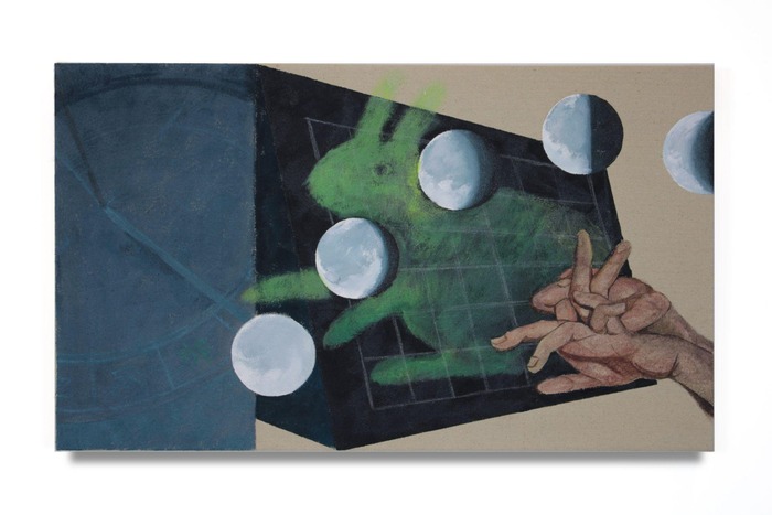 CD-Insert4 Painting of a rabbit-shaped hand shadow with lunar phases and a calendar grid