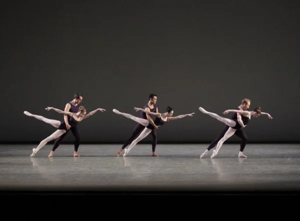 Three dance couples lunge in arabesque